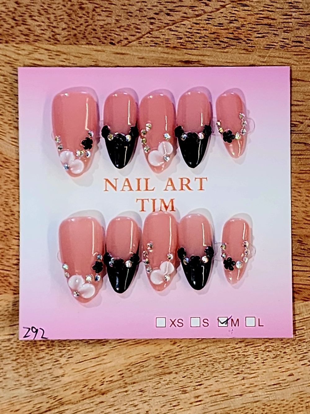 Handmade Press-On Nails with Floral Accent & Rhinestone Detail